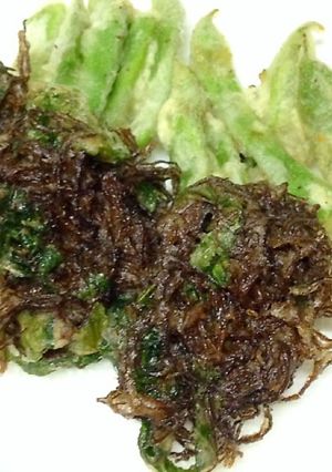 もずくと大葉のかき揚げとインゲンの天ぷら-レシピのメイン写真