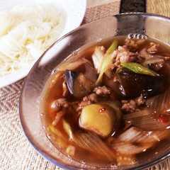 รูปของ ごま油が香る♡茄子と豚肉の素麺つけ汁