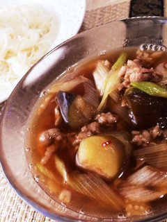 ごま油が香る♡茄子と豚肉の素麺つけ汁-レシピのメイン写真