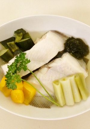 酒塩煮(ひらめ,長ねぎ,わかめ).純米酒-レシピのメイン写真