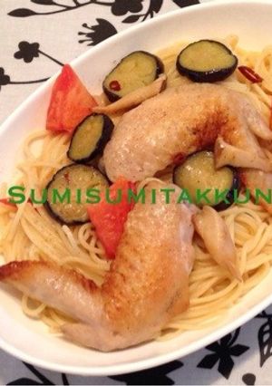 手羽先とナスとトマトのペペロンチーノ-レシピのメイン写真