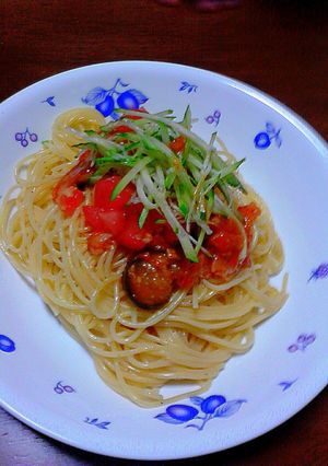 ニンニク効く〜☆トマト＆ナスベ冷スパ-レシピのメイン写真