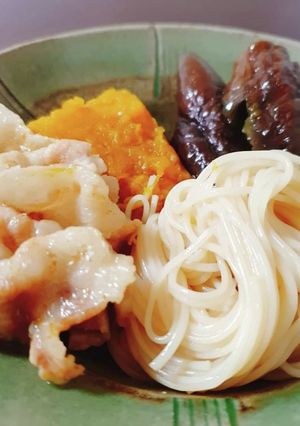 母の味！素麺と南瓜、茄子、豚肉の煮物-レシピのメイン写真