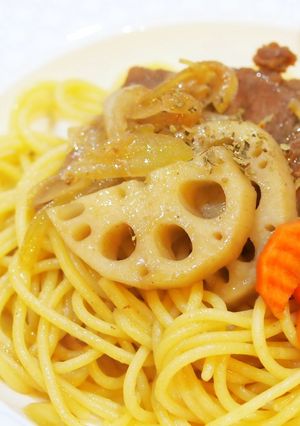 レンコンと牛肉の和風パスタ、わさび風味も-レシピのメイン写真