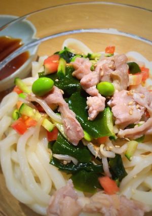 鶏せせりと夏野菜の冷やしうどん-レシピのメイン写真