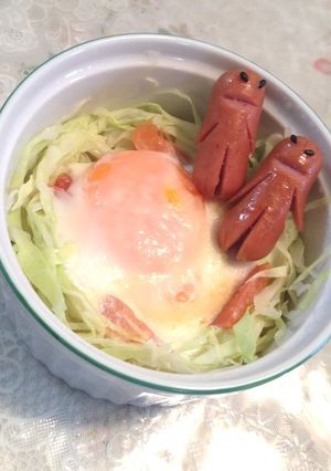 巣ごもりたまごうどんで♪月見ソーセー人-レシピのメイン写真