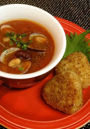 アッサリトマト豆スープ＆焼きおにぎり-レシピのメイン写真