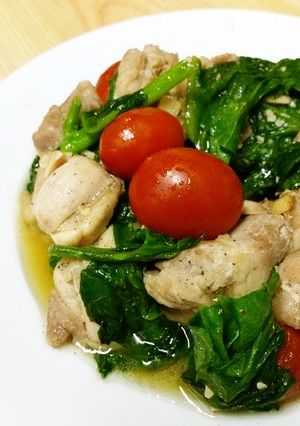 つるむらさきと鶏もも肉のニンニク炒め-レシピのメイン写真