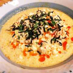 รูปของ 鳥ひき肉と豆腐の冷たいピリ辛豆乳スープ