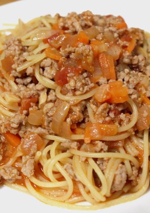 トマト水煮缶で簡単！ミートソーススパ！-レシピのメイン写真