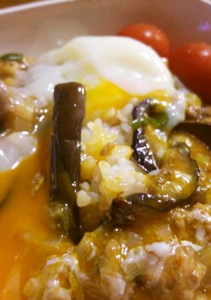 簡単温玉乗せ！茄子と挽肉のピリ辛丼-レシピのメイン写真