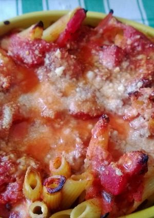 ぐつぐつトマト＆ソーセージパスタグラタン-レシピのメイン写真