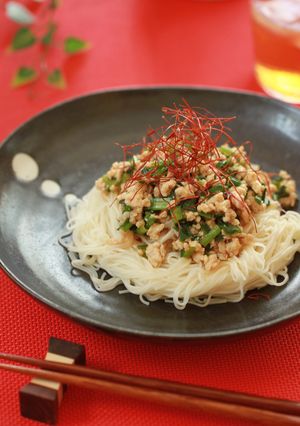 減塩:鶏ひき肉とニラの中華風まぜそうめん-レシピのメイン写真