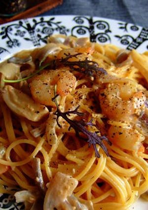 海老の殻で濃厚♡クリーム味噌スパゲティ！-レシピのメイン写真