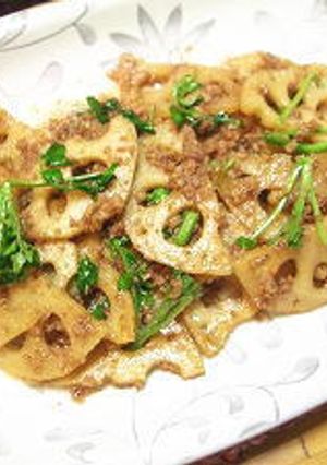挽肉レンコンとクレソンの甘辛炒め-レシピのメイン写真