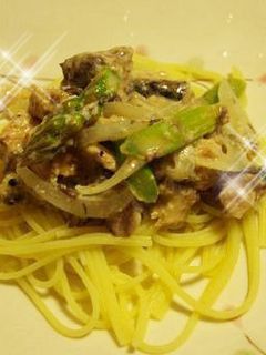 サバ缶とアスパラのクリームパスタ-レシピのメイン写真