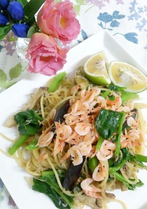 ♪つるむらさきと茄子のジャコえびパスタ♪-レシピのメイン写真