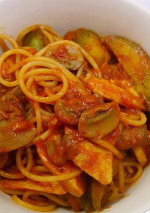 白茄子と胸肉の完熟トマトパスタカレー風味-レシピのメイン写真