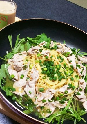 豚バラと水菜の梅味和風スープスパ-レシピのメイン写真