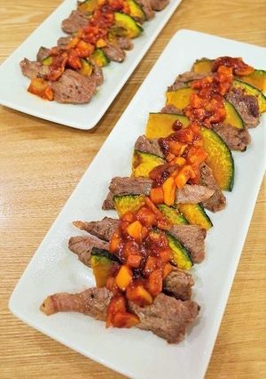 牛肉とかぼちゃのソテー☆トマトソースかけ-レシピのメイン写真