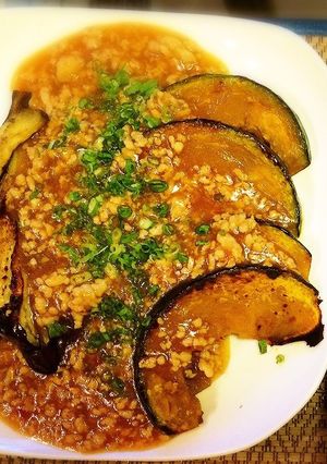 レンジで♡茄子と南瓜のそぼろ餡-レシピのメイン写真