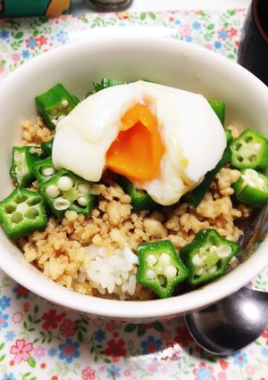 オクラと鶏そぼろの温玉のせ丼(⋈･◡･)-レシピのメイン写真