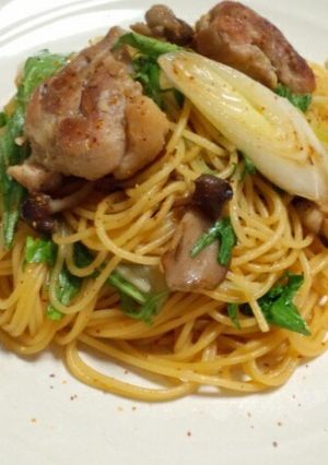 ねぎと水菜のチキンきのこパスタ(和風)-レシピのメイン写真