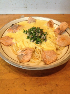 秋鮭と平茸のヴルーテ、パスタ掛け-レシピのメイン写真