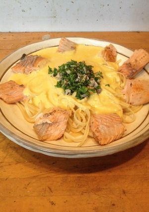秋鮭と平茸のヴルーテ、パスタ掛け-レシピのメイン写真