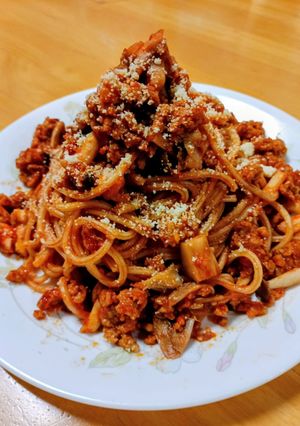冷凍ハンバーグできのこトマトパスタ-レシピのメイン写真