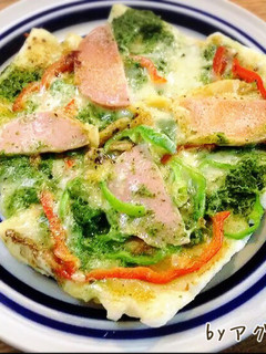 小松菜ペーストでお餅ピザ-レシピのメイン写真