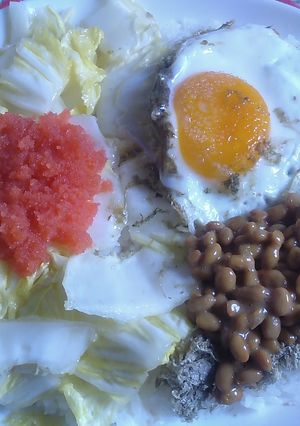 備蓄米でカフェ丼V98白菜月見納豆たらこ-レシピのメイン写真