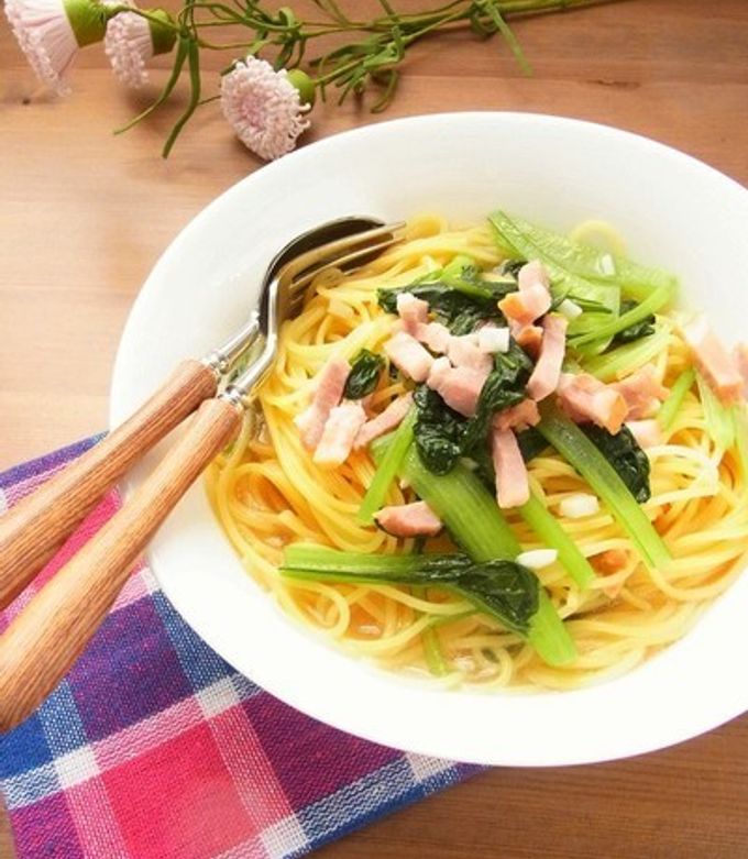ひと鍋で♪小松菜とベーコンのスープパスタ-レシピのメイン写真