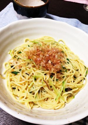 お吸い物の素で梅と水菜の和風パスタ-レシピのメイン写真
