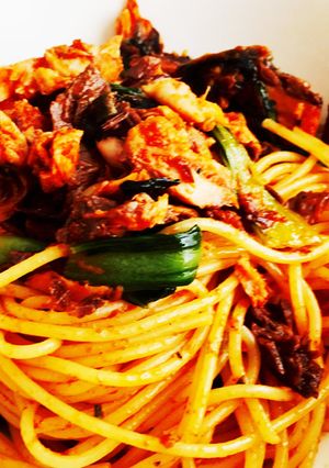 食感たのしい♪チンゲンサイとサバのパスタ-レシピのメイン写真