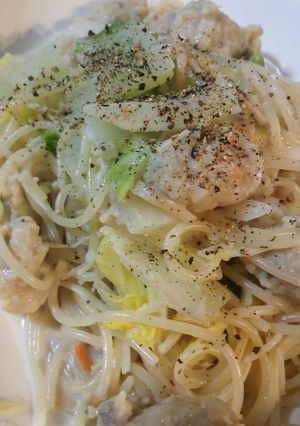 鍋の残り物リメイク！鶏ごぼうつみれパスタ-レシピのメイン写真