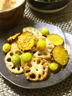 秋の味覚♪さつま芋と蓮根、ぎんなん焼き-レシピのメイン写真