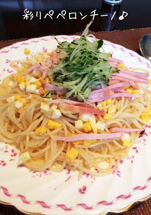 胡瓜とゆで卵とハムの彩りペペロンチーノ-レシピのメイン写真