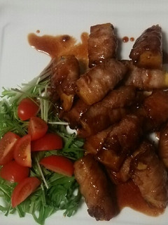サツマイモの豚バラ肉巻き甘酢あんかけ-レシピのメイン写真
