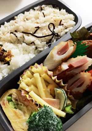 弁当16煮物ハムカツちくわ焼豚卵焼き-レシピのメイン写真