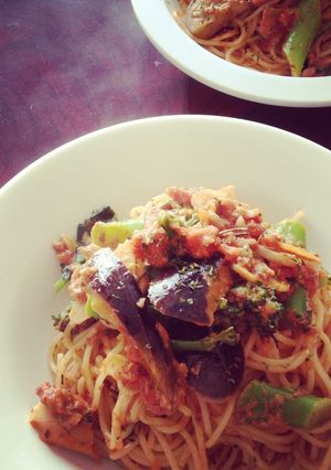 トマトとトマトサーディンの秋ナスパスタ。-レシピのメイン写真