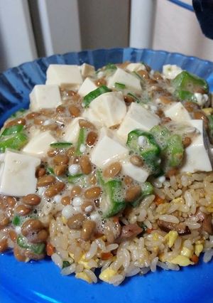 冷凍炒飯で簡単♪オクラ納豆豆腐かけ炒飯-レシピのメイン写真