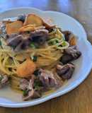 砂肝とおろし玉ねぎソースのパスタ