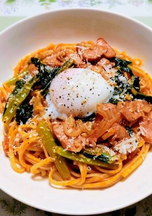 簡単昼食今夜の夕飯新玉葱小松菜ナポリタン-レシピのメイン写真