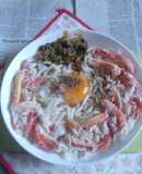 蟹のほぐし身半熟卵青唐味噌の冷やしうどん