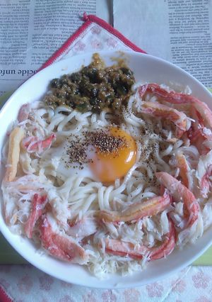 蟹のほぐし身半熟卵青唐味噌の冷やしうどん-レシピのメイン写真