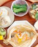 大同電鍋で舞茸ご飯／秋鮭蒸し／ねぎぬた