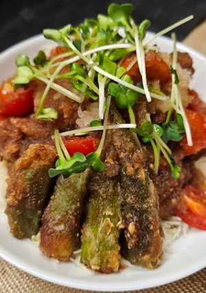 鶏唐揚げさっぱりソースがけ&オクラの唐揚-レシピのメイン写真