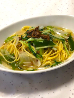 舞昆あさり佃煮でスープパスタ-レシピのメイン写真
