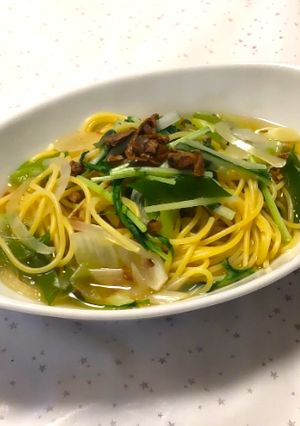 舞昆あさり佃煮でスープパスタ-レシピのメイン写真